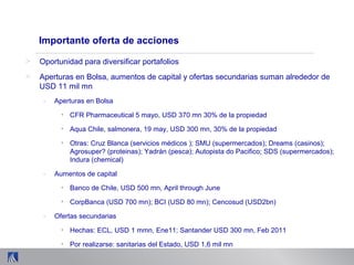 Importante oferta de acciones
> Oportunidad para diversificar portafolios
> Aperturas en Bolsa, aumentos de capital y ofertas secundarias suman alrededor de
USD 11 mil mn
- Aperturas en Bolsa
• CFR Pharmaceutical 5 mayo, USD 370 mn 30% de la propiedad
• Aqua Chile, salmonera, 19 may, USD 300 mn, 30% de la propiedad
• Otras: Cruz Blanca (servicios médicos ); SMU (supermercados); Dreams (casinos);
Agrosuper? (proteinas); Yadrán (pesca); Autopista do Pacifico; SDS (supermercados);
Indura (chemical)
- Aumentos de capital
• Banco de Chile, USD 500 mn, April through June
• CorpBanca (USD 700 mn); BCI (USD 80 mn); Cencosud (USD2bn)
- Ofertas secundarias
• Hechas: ECL, USD 1 mmn, Ene11; Santander USD 300 mn, Feb 2011
• Por realizarse: sanitarias del Estado, USD 1,6 mil mn
 