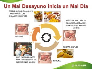 2 HORAS DESPUES SOBREPRODUCCION DE INSULINA PARA BAJAREL NIVEL DE AZUCAR EN LA SANGRE INSULINA INSULINA MAS CARBOHIDRATOS PARA SUBIR EL NIVEL DE AZUCAR EN LA SANGRE CEREAL, JUGO,O CUALQUIER CARBOHIDRATO, ES DISPARAR SU APETITO 