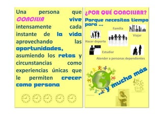 Una    persona     que ¿POR QUÉ CONCILIAR?
CONCILIA          vive Porque necesitas tiempo
                          para …
intensamente      cada                     Familia
instante de la    vida                                  Viajar

aprovechando        las   Hacer deporte

oportunidades,
                                    Estudiar
asumiendo los retos y            Atender a personas dependientes
circunstancias     como
experiencias únicas que
le permiten crecer
como persona
 