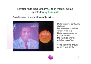 El valor de la vida, del amor, de la familia, de las
                   amistades…¿Cuál es?
Te darás cuenta de que te olvidaste de vivir …


                                                  De tanto correr por la vida
                                                  sin freno
                                                  Me olvidé que la vida se
                                                  vive un momento
                                                  De tanto querer ser en
                                                  todo el primero
                                                  Me olvidé de vivir los
                                                  detalles pequeños.
                                                  …
                                                  Ya no soy como ayer, ya
                                                  no se lo que siento…




                                             www.empiezaconsultora.es       5
 