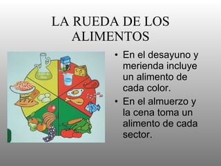 LA RUEDA DE LOS ALIMENTOS En el desayuno y merienda incluye un alimento de cada color. En el almuerzo y la cena toma un alimento de cada sector.   