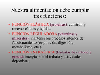 Nuestra alimentación debe cumplir tres funciones: FUNCIÓN PLÁSTICA  (proteínas):  construir y renovar células y tejidos. FUNCIÓN REGULADORA  (vitaminas y minerales):  mantener los procesos internos de funcionamiento (respiración, digestión, metabolismo, etc.). FUNCIÓN ENERGÉTICA  (Hidratos de carbono y grasas):  energía para el trabajo y actividades deportivas. 