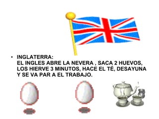INGLATERRA: EL INGLES ABRE LA NEVERA , SACA 2 HUEVOS, LOS HIERVE 3 MINUTOS, HACE EL TÉ, DESAYUNA Y SE VA PAR A EL TRABAJO. 