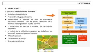 JÚLIA LÓPEZ VALERA
1. L’ ECONOMIA
L’ agricultura era l’activitat més important.
 Agricultura de subsistència
 Pocs rendiments, pocs intercanvis.
 Periòdicament es produïen les crisis de subsistència
(escassetat d’aliments i alça de preus). Generaven fam i
misèria i eren origen de les revoltes populars.
 La terra estava en mans de la noblesa i del clero (grans
propietats).
 La majoria de la població eren pagesos que treballaven les
terres dels seus amos i pagaven impostos.
 80% de la població.
 Endarreriment tecnològic.
 Dependència del clima.
1.1. L’AGRICULTURA
 