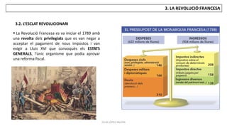 JÚLIA LÓPEZ VALERA
3.2. L’ESCLAT REVOLUCIONARI
3. LA REVOLUCIÓ FRANCESA
 La Revolució Francesa es va iniciar el 1789 amb
una revolta dels privilegiats que es van negar a
acceptar el pagament de nous impostos i van
exigir a Lluis XVI que convoqués els ESTATS
GENERALS, l’únic organisme que podia aprovar
una reforma fiscal.
 