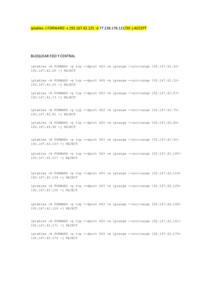 iptables -I FORWARD -s 192.167.42.125 -d 77.238.178.122/20 -j ACCEPT

BLOQUEAR FDO Y CENTRAL
iptables -A FORWARD -p tcp --dport 443 -m iprange --src-range 192.167.42.32192.167.42.65 -j REJECT
iptables -A FORWARD -p tcp --dport 443 -m iprange --src-range 192.167.42.32192.167.42.65 -j REJECT
iptables -A FORWARD -p tcp --dport 443 -m iprange --src-range 192.167.42.67192.167.42.73 -j REJECT

iptables -A FORWARD -p tcp --dport 443 -m iprange --src-range 192.167.42.75192.167.42.81 -j REJECT
iptables -A FORWARD -p tcp --dport 443 -m iprange --src-range 192.167.42.84192.167.42.90 -j REJECT

iptables -A FORWARD -p tcp --dport 443 -m iprange --src-range 192.167.42.92192.167.42.103 -j REJECT
iptables -A FORWARD -p tcp --dport 443 -m iprange --src-range 192.167.42.105192.167.42.117 -j REJECT

iptables -A FORWARD -p tcp --dport 443 -m iprange --src-range 192.167.42.119192.167.42.124 -j REJECT
iptables -A FORWARD -p tcp --dport 443 -m iprange --src-range 192.167.42.126192.167.42.156 -j REJECT

iptables -A FORWARD -p tcp --dport 443 -m iprange --src-range 192.167.42.158192.167.42.159 -j REJECT

iptables -A FORWARD -p tcp --dport 443 -m iprange --src-range 192.167.42.161192.167.42.171 -j REJECT
iptables -A FORWARD -p tcp --dport 443 -m iprange --src-range 192.167.42.173192.167.42.174 -j REJECT

 