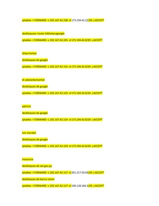 iptables -I FORWARD -s 192.167.42.238 -d 173.194.42.22/20 -j ACCEPT

desbloquear router bibliotecagoogle
iptables -I FORWARD -s 192.167.42.245 -d 173.194.42.0/20 -j ACCEPT

drbarrientos
desbloqueo de google
iptables -I FORWARD -s 192.167.42.155 -d 173.194.42.0/20 -j ACCEPT

dr.abelardomontiel
desbloqueo de google
iptables -I FORWARD -s 192.167.42.125 -d 173.194.42.0/20 -j ACCEPT

patricia
desbloqueo de google
iptables -I FORWARD -s 192.167.42.154 -d 173.194.42.0/20 -j ACCEPT

luis morales
desbloqueo de google
iptables -I FORWARD -s 192.167.42.159 -d 173.194.42.0/20 -j ACCEPT

inocencia
desbloqueo de set.gov.py
iptables -I FORWARD -s 192.167.42.117 -d 201.217.50.69/20 -j ACCEPT
desbloqueo de banco vision
iptables -I FORWARD -s 192.167.42.117 -d 190.128.184.3/20 -j ACCEPT

 