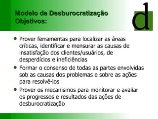 Modelo de Desburocratização Objetivos: Prover ferramentas para localizar as áreas críticas, identificar e mensurar as causas de insatisfação dos clientes/usuários, de desperdícios e ineficiências Formar o consenso de todas as partes envolvidas sob as causas dos problemas e sobre as ações para resolvê-los Prover os mecanismos para monitorar e avaliar os progressos e resultados das ações de desburocratização 