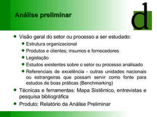 Análise preliminar Visão geral do setor ou processo a ser estudado: Estrutura organizacional Produtos e clientes; insumos e fornecedores Legislação Estudos existentes sobre o setor ou processo analisado Referenciais de excelência - outras unidades nacionais ou estrangeiras que possam servir como fonte para estudos de boas práticas (Benchmarking) Técnicas e ferramentas: Mapa Sistêmico, entrevistas e pesquisa bibliográfica Produto: Relatório da Análise Preliminar 