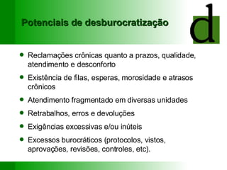 Potenciais de desburocratização Reclamações crônicas quanto a prazos, qualidade, atendimento e desconforto Existência de filas, esperas, morosidade e atrasos crônicos Atendimento fragmentado em diversas unidades Retrabalhos, erros e devoluções Exigências excessivas e/ou inúteis Excessos burocráticos (protocolos, vistos, aprovações, revisões, controles, etc). 