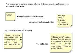 Para caracterizar e realçar a graça e a beleza de Lianor, o sujeito poético serve-se
 de processos figurativos:



  “Graça”                                                             “descalça”,
                •na expressividade do substantivo
                                                                      “linda”,
                                                                      “branca”,
                               •na expressividade dos adjectivos      “formosa”,
                                                                      “(não) segura”;


•na expressividade dos diminutivos

“sainho”, “vasquinha”
traduzindo a ideia de                                        “mãos de prata”, “cabelos
encantamento        do                                       de ouro” fazendo ressaltar
sujeito     face     à                                       a brancura das mãos e o
graciosidade de Lianor                   •nas metáforas      louro      dos     cabelos,
                                                             características do tipo de
                                                             mulher clássica;
 