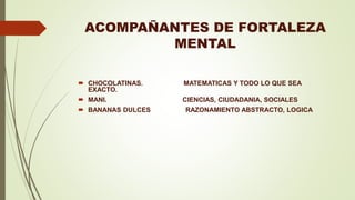 ACOMPAÑANTES DE FORTALEZA
MENTAL
 CHOCOLATINAS. MATEMATICAS Y TODO LO QUE SEA
EXACTO.
 MANI. CIENCIAS, CIUDADANIA, SOCIALES
 BANANAS DULCES RAZONAMIENTO ABSTRACTO, LOGICA
 
