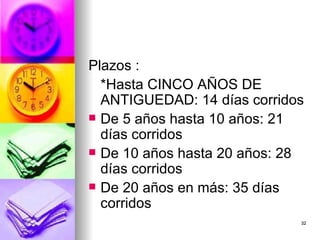Plazos : *Hasta CINCO AÑOS DE ANTIGUEDAD: 14 días corridos  De 5 años hasta 10 años: 21 días corridos De 10 años hasta 20 años: 28 días corridos  De 20 años en más: 35 días corridos 