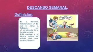 Es el descanso
remunerado de un día
que se otorga al
trabajador por
el cumplimiento de la
jornada semanal.
Está asociado a la
jornada máxima de
trabajo, pues tiene
carácter reparador.
 