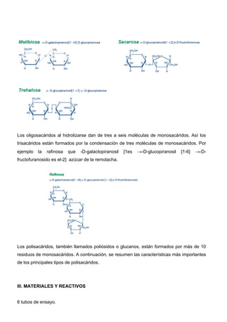 Los oligosacáridos al hidrolizarse dan de tres a seis moléculas de monosacáridos. Así los
trisacáridos están formados por la condensación de tres moléculas de monosacáridos. Por
ejemplo   la   rafinosa   que   -D-galactopiranosil   [1es   →-D-glucopiranosil   [1-6]   →-D-
fructofuranosido es el-2] azúcar de la remolacha.




Los polisacáridos, también llamados poliósidos o glucanos, están formados por más de 10
residuos de monosacáridos. A continuación, se resumen las características más importantes
de los principales tipos de polisacáridos.




III. MATERIALES Y REACTIVOS


6 tubos de ensayo.
 