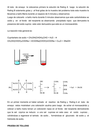 Al tubo de ensayo le colocamos primero la solución de fheling A luego la solución de
fheling B solamente gotas y al final gotas de la muestra del problema toda esta muestra la
llevamos a baño María durante un espacio de 5 minutos y observamos
Luego de colocarlo a baño maría durante 5 minutos observamos que este carbohidratos se
oxido y en el fondo del recipiente se observando precipitado rojizo que demuestra la
presencia del oxido cuprico este color demuestra que este es un monosacárido.


La reacción más general es:


Cupritartatro de sodio + CH2OH(CHOH)NCHO + H2O -à
CH2OH(CHOH)NCOONa + 4COONa(CHOH)nCOONa + Cu2O + 3NaOH




En un primer momento al haber echado el reactivo de fheling y fheling b al tubo de
ensayo estos mostraban una coloración azulina pero luego de echar el monosacárido y
colocar a baño maria toman un coloración rojiza en el fondo del recipiente demostrando
que la sal cúprica se reducio a una sal cuprosa en este caso el oxido cuproso ,
volviéndose a regenerar el tartrato de sodio , formándose el gluconato de sodio y el
hidróxido de sodio.


PRUEBA DE TOLLENS
 