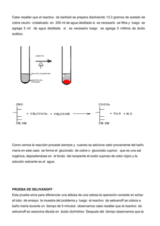 Cabe resaltar que el reactivo de barfoed se prepara disolviendo 13.3 gramos de acetato de
cobre neutro cristalizado en 200 ml de agua destilada si es necesario se filtra y luego se
agrega 5 ml de agua destilada si es necesario luego se agrega 5 militros de ácido
acético.




Como vemos la reacción procede siempre y cuando se adicione calor proveniente del baño
maría en este caso se forma el gluconato de cobre o gluconato cuprico que es una sal
orgánica, depositandose en el fondo del recipiente el oxido cuproso de color rojizo y la
solución sobrante es el agua.




PRUEBA DE SELIVANOFF
Esta prueba sirve para diferenciar una aldosa de una cetosa la operación consiste en echar
al tubo de ensayo la muestra del problema y luego el reactivo de selivanoff se coloca a
baño maría durante un tiempo de 5 minutos observamos cabe resaltar que el reactivo de
selivanoff es resorcina diluida en ácido clorhídrico Después del tiempo observamos que la
 