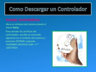 Instalar controladores
Abra un símbolo del sistema desde el
menú Inicio.
Para extraer los archivos del
controlador, escriba el comando
siguiente en el símbolo del sistema y
presione ENTRAR: expanda
<NOMBRE ARCHIVO CAB> -F:*
<DESTINO>
 