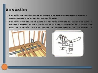 D e s ag üe s
•   D e s ag üe d ire cto. Aqu e l qu e d e s carga a u n ram al h orizontal o b aj a d e
                                                                                      ad
    agu as ne gras o d e d e s e ch o, s in ob s tácu los .
•   D e s ag üe ind ire cto. S e re qu ie re d e d e s ag üe ind ire cto d e cu alqu ie r e qu ip o o
    m u e b le s anitario cu and o alg ún tap onam ie nto o inve rs ión d e l s e ntid o d e l
    flu j d e d e s ag üe p u d ie ra cau s ar la contam inación e n am b ie nte s y
         o
    alim e ntos .
 