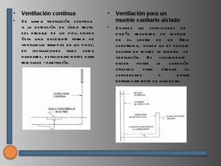 •   Ventilación continua                        •   Ventilación para un
•   S e llam a ve ntilación continu a               mueble s anitario ais lado
    a la e xte ns ión e n líne a re cta         •   C u and o las cond icione s d e
    d e l d re naj d e u n p is o, s ie nd o
                  e                                 d is e ño re qu ie re n u n m u e b le
    és ta u na e xce le nte form a d e              e n e l ce ntro d e u n áre a
    ve ntilar las tram p as e n los p is os ,       cons tru id a, d ond e no e s p os ib le
    e n ins talacione s tale s com o                ocu ltar e n m u ros la tu b e ría d e
    h angare s , e s tacionam ie ntos p ara         ve ntilación. E s conve nie nte
    re m olqu e – h ab itación.                     h ace r     notar      la      cone xión
                                                    u tilizad a    p ara      d re nar      el
                                                    cond e ns ad o          y          e vitar
                                                    e ntram p am ie nto d e h u m e d ad .
 