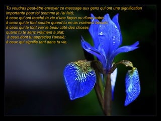 Tu voudras peut-être envoyer ce message aux gens qui ont une signification importante pour toi (comme je l'ai fait);  à ceux qui ont touché ta vie d'une façon ou d'une autre;  à ceux qui te font sourire quand tu en as vraiment besoin;  à ceux qui te font voir le beau côté des choses  quand tu te sens vraiment à plat; à ceux dont tu apprécies l'amitié;  à ceux qui signifie tant dans ta vie. 