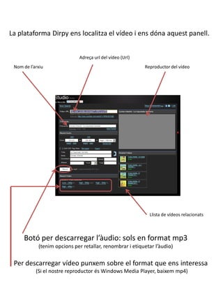 La plataforma Dirpy ens localitza el vídeo i ens dóna aquest panell.
Adreça url del vídeo (Url)
Nom de l’arxiu Reproductor del vídeo
Llista de vídeos relacionats
Botó per descarregar l’àudio: sols en format mp3
(tenim opcions per retallar, renombrar i etiquetar l’àudio)
Per descarregar vídeo punxem sobre el format que ens interessa
(Si el nostre reproductor és Windows Media Player, baixem mp4)
 