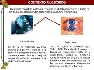 CONTEXTO FILOSÓFICO
El problema central de la filosofía moderna es el del conocimiento y dentro de
ella es preciso distinguir dos corrientes: racionalismo y empirismo

Racionalismo

Empirismo

Se da en el continente europeo
durante el siglo XVII. Para ellos la
fuente del conocimiento es la razón.
Su método de conocimiento seguirá
un modelo deductivo matemático a
partir de ideas innatas.

Se da en Inglaterra durante los siglos
XVII y XVIII. Para ellos la fuente y los
límites del conocimiento están en la
experiencia. Niegan el innatismo,
todas las ideas son adquiridas. Siguen
un método del conocimiento propio de
las ciencias naturales: observación,
inducción y análisis de hechos.

 