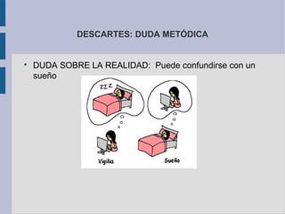 DESCARTES: DUDA METÓDICA



    DUDA SOBRE LA REALIDAD: Puede confundirse con un
    sueño
 
