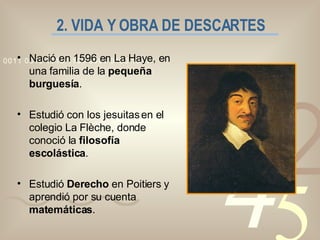 2. VIDA Y OBRA DE DESCARTES Nació en 1596 en La Haye, en una familia de la  pequeña burguesía . Estudió con los jesuitas en el colegio La Flèche, donde conoció la  filosofía escolástica . Estudió  Derecho  en Poitiers y aprendió por su cuenta  matemáticas . 
