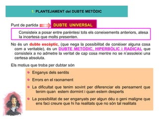 1. PLANTEJAMENT del DUBTE METÒDIC
Punt de partida DUBTE UNIVERSAL
Consisteix a posar entre parèntesi tots els coneixements anteriors, atesa
la incertesa que molts presenten.
No és un dubte escèptic, (que nega la possibilitat de conèixer alguna cosa
com a veritable), és un DUBTE METÒDIC, HIPERBÒLIC i RADICAL que
consisteix a no admetre la veritat de cap cosa mentre no se n’assoleixi una
certesa absoluta.
Els motius que troba per dubtar són
Enganys dels sentits
Errors en el raonament
La dificultat que tenim sovint per diferenciar els pensament que
tenim quan estem dormint i quan estem desperts
La possibilitat de ser enganyats per algun déu o geni maligne que
ens faci creure que hi ha realitats que no són tal realitats
 