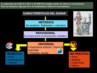 La aplicación de la REGLA DE LA EVIDENCIA implica dudar de todos los conocimientos
Para así encontrar algo que sirve de fundamento a todos los conocimientos.
CARACTERÍSTICAS DEL DUDAR
METÒDICO
No escèptico. Deliberado y voluntario
PROVISIONAL
És el paso previo al conocixement verdadero
UNIVERSAL
• Experiència anterior: criterio de
autoridad
• Presente, mundo
TEORÈTICA
• Física
• Matemàtiques
• Filosofia
NO PRÀCTICA
• Moral
• ReligióN
• Costumbres
• Política
 