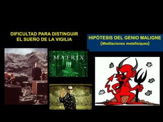 DIFICULTAD PARA DISTINGUIR
EL SUEÑO DE LA VIGILIA HIPÒTESIS DEL GENIO MALIGNE
(Meditaciones metafísiques)
 
