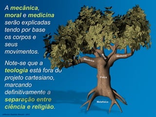 A mecânica,
moral e medicina
serão explicadas
tendo por base
os corpos e
seus
movimentos.
Note-se que a
teologia está fora do
projeto cartesiano,
marcando
definitivamente a
separação entre
ciência e religião.
Metafísica
Física
Jefferson Baptista Macedo / 2013
 