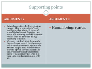 Supporting points

ARGUMENT 1                               ARGUMENT 2

 Animals can often do things that we
  cannot. This is not a sign of their     Human beings reason.
  intelligence but simply a result of
  how their bodies are organised and
  move. If it was they would have more
  reason than us. They are acting
  according to nature.
 We must not think that the sounds
  they make are speech. Machines can
  imitate their movement and sounds.
  Ancient people used to believe that
  animals ‘spoke’ to one another and
  that we simply didn’t understand
  them. This is simply not true. If it
  were they could communicate with
  us.
 