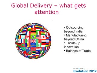 Global Delivery – what gets
        attention

                   • Outsourcing
                   beyond India
                   • Manufacturing
                   beyond China
                   • Trickle-up
                   innovation
                   • Balance of Trade
 