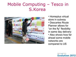 Mobile Computing – Tesco in
         S.Korea
                  • Homeplus virtual
                  store in subway
                  • Descartes Route
                  Planner allows for
                  “on the fly” flexibility
                  in same day delivery
                  • Also shows how far
                  ahead some mobile
                  networks are
                  compared to US
 