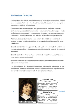 Racionalismo Cartesiano

Os racionalistas procuram um conhecimento absoluto, isto é, válido universalmente, adoptam
como modelo o conhecimento matemático, duvidam da validade do conhecimento empírico e
pressupõem a existência de ideias inatas.

Descartes assume uma atitude céptica mas apenas para poder demonstrar que existe
conhecimento que resiste à dúvida mais radical e exagerada. Por isso, dizemos que a dúvida
em Descartes é metódica e que a investigação que ele realizou o levou a negar e a vencer o
cepticismo e a afirmar o dogmatismo, com base num conhecimento unicamente racional.

A dúvida metódica conduz Descartes a uma primeira ideia indubitável: a existência do eu
pensante ou cogito. Considera-a indubitável por ser captada por intuição racional de forma
clara e nítida.

Da existência indubitável do eu pensante, Descartes parte para a afirmação da existência em
nós de uma ideia de Deus, e desta para a demonstração racional da existência de Deus como
ser perfeito.

Da existência de Deus, Descartes deduz a existência do mundo físico e a possibilidade de
haver dele um conhecimento racional.

No sistema cartesiano, Deus é o fundamento e a garantia da possibilidade e da verdade de
todo o conhecimento racional.

Dos corpos materiais, só é verdadeiro o conhecimento das qualidades quantitativas. As suas
características qualitativas dependem do efeito que produzem nos nossos órgãos sensoriais,
não devendo ser consideradas como fonte de conhecimento verdadeiro.




    •                                                                              Método
 