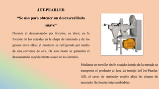 JET-PEARLER
“Se usa para obtener un descascarillado
suave”
Durante el descascarado por fricción, es decir, en la
fricción de los cereales en la chapa de tamizado y de los
granos entre ellos, el producto es refrigerado por medio
de una corriente de aire. De este modo se garantiza el
descascarado especialmente suave de los cereales.
Mediante un tornillo sinfín situado debajo de la entrada se
transporta el producto al área de trabajo del Jet-Pearler.
Allí, el cesto de tamizado estable aloja las chapas de
tamizado fácilmente intercambiables.
 