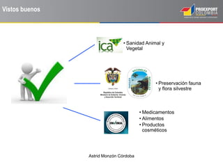 Astrid Monzón Córdoba
• Sanidad Animal y
Vegetal
• Preservación fauna
y flora silvestre
• Medicamentos
• Alimentos
• Productos
cosméticos
Vistos buenos
 