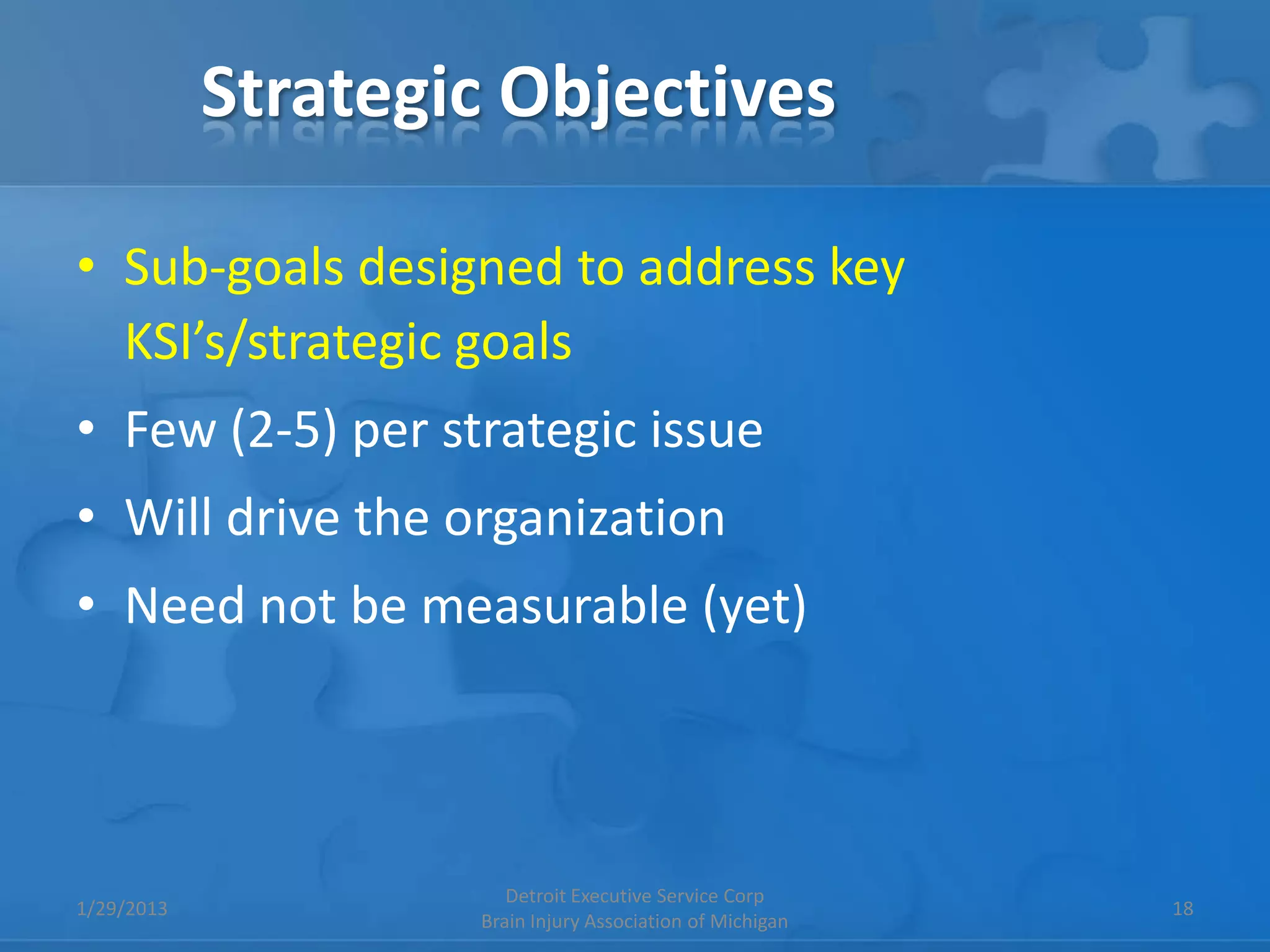 Strategic Objectives

• Sub-goals designed to address key
  KSI’s/strategic goals
• Few (2-5) per strategic issue
• Will drive the organization
• Need not be measurable (yet)



                       Detroit Executive Service Corp
1/29/2013                                                  18
                    Brain Injury Association of Michigan
 