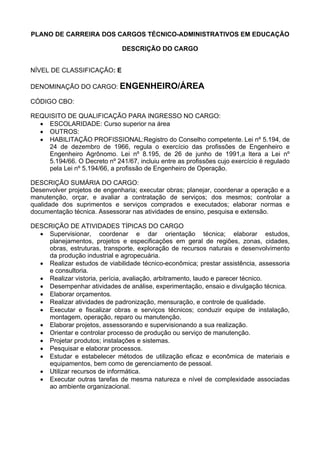 PLANO DE CARREIRA DOS CARGOS TÉCNICO-ADMINISTRATIVOS EM EDUCAÇÃO
DESCRIÇÃO DO CARGO
NÍVEL DE CLASSIFICAÇÃO: E
DENOMINAÇÃO DO CARGO: ENGENHEIRO/ÁREA
CÓDIGO CBO:
REQUISITO DE QUALIFICAÇÃO PARA INGRESSO NO CARGO:
• ESCOLARIDADE: Curso superior na área
• OUTROS:
• HABILITAÇÃO PROFISSIONAL:Registro do Conselho competente. Lei nº 5.194, de
24 de dezembro de 1966, regula o exercício das profissões de Engenheiro e
Engenheiro Agrônomo. Lei nº 8.195, de 26 de junho de 1991,a ltera a Lei nº
5.194/66. O Decreto nº 241/67, incluiu entre as profissões cujo exercício é regulado
pela Lei nº 5.194/66, a profissão de Engenheiro de Operação.
DESCRIÇÃO SUMÁRIA DO CARGO:
Desenvolver projetos de engenharia; executar obras; planejar, coordenar a operação e a
manutenção, orçar, e avaliar a contratação de serviços; dos mesmos; controlar a
qualidade dos suprimentos e serviços comprados e executados; elaborar normas e
documentação técnica. Assessorar nas atividades de ensino, pesquisa e extensão.
DESCRIÇÃO DE ATIVIDADES TÍPICAS DO CARGO
• Supervisionar, coordenar e dar orientação técnica; elaborar estudos,
planejamentos, projetos e especificações em geral de regiões, zonas, cidades,
obras, estruturas, transporte, exploração de recursos naturais e desenvolvimento
da produção industrial e agropecuária.
• Realizar estudos de viabilidade técnico-econômica; prestar assistência, assessoria
e consultoria.
• Realizar vistoria, perícia, avaliação, arbitramento, laudo e parecer técnico.
• Desempenhar atividades de análise, experimentação, ensaio e divulgação técnica.
• Elaborar orçamentos.
• Realizar atividades de padronização, mensuração, e controle de qualidade.
• Executar e fiscalizar obras e serviços técnicos; conduzir equipe de instalação,
montagem, operação, reparo ou manutenção.
• Elaborar projetos, assessorando e supervisionando a sua realização.
• Orientar e controlar processo de produção ou serviço de manutenção.
• Projetar produtos; instalações e sistemas.
• Pesquisar e elaborar processos.
• Estudar e estabelecer métodos de utilização eficaz e econômica de materiais e
equipamentos, bem como de gerenciamento de pessoal.
• Utilizar recursos de informática.
• Executar outras tarefas de mesma natureza e nível de complexidade associadas
ao ambiente organizacional.
 