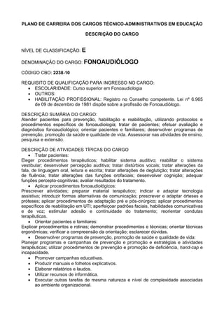 PLANO DE CARREIRA DOS CARGOS TÉCNICO-ADMINISTRATIVOS EM EDUCAÇÃO
DESCRIÇÃO DO CARGO
NÍVEL DE CLASSIFICAÇÃO: E
DENOMINAÇÃO DO CARGO: FONOAUDIÓLOGO
CÓDIGO CBO: 2238-10
REQUISITO DE QUALIFICAÇÃO PARA INGRESSO NO CARGO:
• ESCOLARIDADE: Curso superior em Fonoaudiologia
• OUTROS:
• HABILITAÇÃO PROFISSIONAL: Registro no Conselho competente. Lei nº 6.965
de 09 de dezembro de 1981 dispõe sobre a profissão de Fonoaudiólogo.
DESCRIÇÃO SUMÁRIA DO CARGO:
Atender pacientes para prevenção, habilitação e reabilitação, utilizando protocolos e
procedimentos específicos de fonoaudiologia; tratar de pacientes; efetuar avaliação e
diagnóstico fonoaudiológico; orientar pacientes e familiares; desenvolver programas de
prevenção, promoção da saúde e qualidade de vida. Assessorar nas atividades de ensino,
pesquisa e extensão.
DESCRIÇÃO DE ATIVIDADES TÍPICAS DO CARGO
• Tratar pacientes:
Eleger procedimentos terapêuticos; habilitar sistema auditivo; reabilitar o sistema
vestibular; desenvolver percepção auditiva; tratar distúrbios vocais; tratar alterações da
fala, de linguagem oral, leitura e escrita; tratar alterações de deglutição; tratar alterações
de fluência; tratar alterações das funções orofaciais; desenvolver cognição; adequar
funções percepto-cognitivas; avaliar resultados do tratamento.
• Aplicar procedimentos fonoaudiológicos:
Prescrever atividades; preparar material terapêutico; indicar e adaptar tecnologia
assistiva; introduzir formas alternativas de comunicação; prescrever e adaptar órteses e
próteses; aplicar procedimentos de adaptação pré e pós-cirúrgico; aplicar procedimentos
específicos de reabilitação em UTI; aperfeiçoar padrões faciais, habilidades comunicativas
e de voz; estimular adesão e continuidade do tratamento; reorientar condutas
terapêuticas.
• Orientar pacientes e familiares:
Explicar procedimentos e rotinas; demonstrar procedimentos e técnicas; orientar técnicas
ergonômicas; verificar a compreensão da orientação; esclarecer dúvidas.
• Desenvolver programas de prevenção, promoção de saúde e qualidade de vida:
Planejar programas e campanhas de prevenção e promoção e estratégias e atividades
terapêuticas; utilizar procedimentos de prevenção e promoção de deficiência, hand-cap e
incapacidade.
• Promover campanhas educativas.
• Produzir manuais e folhetos explicativos.
• Elaborar relatórios e laudos.
• Utilizar recursos de informática.
• Executar outras tarefas de mesma natureza e nível de complexidade associadas
ao ambiente organizacional.
 