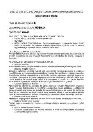 PLANO DE CARREIRA DOS CARGOS TÉCNICO-ADMINISTRATIVOS EM EDUCAÇÃO
DESCRIÇÃO DO CARGO
NÍVEL DE CLASSIFICAÇÃO: E
DENOMINAÇÃO DO CARGO: MÚSICO
CÓDIGO CBO: 2626-15
REQUISITO DE QUALIFICAÇÃO PARA INGRESSO NO CARGO:
• ESCOLARIDADE: Curso superior em Música
• OUTROS:
• HABILITAÇÃO PROFISSIONAL: Registro no Conselho competente. Lei nº 3.857,
de 22 de dezembro de 1960 cria a ordem dos músicos do Brasil e dispõe sobre a
regulamentação do exercício da profissão de Músico.
DESCRIÇÃO SUMÁRIA DO CARGO:
Arranjar obras musicais, estudar e pesquisar música; editorar partituras, elaborar textos e
prestar consultoria na área musical. Assessorar nas atividades de ensino, pesquisa e
extensão.
DESCRIÇÃO DE ATIVIDADES TÍPICAS DO CARGO
• Arranjar músicas:
Transcrever músicas; adaptar obras musicais; elaborar harmonização vocal para coral.
• Realizar direção musical:
Conceber e planejar o evento musical; elaborar projetos musicais; pesquisar e selecionar
repertório para o evento; analisar propostas e roteiros de espetáculos musicais; conceber
dramaturgia musical; supervisionar a produção musical; selecionar músicos e cantores;
coordenar processo de gravação; coordenar atividades musicais em televisão, rádio e em
outros veículos de comunicação; definir e supervisionar a difusão sonora em eventos;
supervisionar a gravação, mixagem e pós-produção de material fonográfico.
• Estudar e pesquisar música:
Aperfeiçoar-se através da audição de obras musicais; estudar instrumentos musicais,
novos recursos tecnológicos e repertório; acompanhar novas propostas estéticas no
campo musical; aperfeiçoar-se através de novas bibliografias e da leitura de partituras;
desenvolver pesquisas na área musical para subsidiar obras e eventos não musicais;
desenvolver pesquisas em práticas interpretativas; pesquisar gêneros e estilos musicais.
• Prestar consultoria musical:
Assessorar os programas de meios de comunicação de massa e eventos não musicais.
• Elaborar textos sobre música:
Redigir notas e encartes em mídias e similares; elaborar pareceres e críticas; redigir
roteiros.
• Utilizar recursos de informática.
• Executar outras tarefas de mesma natureza e nível de complexidade associadas
ao ambiente organizacional.
 