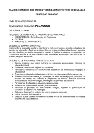 PLANO DE CARREIRA DOS CARGOS TÉCNICO-ADMINISTRATIVOS EM EDUCAÇÃO
DESCRIÇÃO DO CARGO
NÍVEL DE CLASSIFICAÇÃO: E
DENOMINAÇÃO DO CARGO: PEDAGOGO
CÓDIGO CBO: 2394-05
REQUISITO DE QUALIFICAÇÃO PARA INGRESSO NO CARGO:
• ESCOLARIDADE: Curso Superior em Pedagogia
• OUTROS:
• HABILITAÇÃO PROFISSIONAL:
DESCRIÇÃO SUMÁRIA DO CARGO:
Implementar a execução, avaliar e coordenar a (re) construção do projeto pedagógico de
escolas de educação infantil, de ensino médio ou ensino profissionalizante com a equipe
escolar; viabilizar o trabalho pedagógico coletivo e facilitar o processo comunicativo da
comunidade escolar e de associações a ela vinculadas. Assessorar nas atividades de
ensino, pesquisa e extensão.
DESCRIÇÃO DE ATIVIDADES TÍPICAS DO CARGO
• Estudar medidas que visem melhorar os processos pedagógicos, inclusive na
educação infantil.
• Elaborar e desenvolver projetos educacionais.
• Participar da elaboração de instrumentos específicos de orientação pedagógica e
educacional.
• Organizar as atividades individuais e coletivas de crianças em idade pré-escolar.
• Elaborar manuais de orientação, catálogos de técnicas pedagógicas; participar de
estudos de revisão de currículo e programas de ensino; executar trabalhos
especializados de administração, orientação e supervisão educacional.
• Participar de divulgação de atividades pedagógicas.
• Implementar programas de tecnologia educacional.
• Participar do processo de recrutamento, seleção, ingresso e qualificação de
servidores e discentes na instituição.
• Elaborar e desenvolver projetos de ensino-pesquisa-extensão.
• Utilizar recursos de informática.
• Executar outras tarefas de mesma natureza e nível de complexidade associadas
ao ambiente organizacional.
 