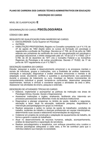 PLANO DE CARREIRA DOS CARGOS TÉCNICO-ADMINISTRATIVOS EM EDUCAÇÃO
DESCRIÇÃO DO CARGO
NÍVEL DE CLASSIFICAÇÃO: E
DENOMINAÇÃO DO CARGO: PSICÓLOGO/ÁREA
CÓDIGO CBO: 2515
REQUISITO DE QUALIFICAÇÃO PARA INGRESSO NO CARGO:
• ESCOLARIDADE: Curso Superior em Psicologia
• OUTROS:
• HABILITAÇÃO PROFISSIONAL:Registro no Conselho competente. Lei nº 4.119, de
27 de agosto de 1962 dispõe sobre os cursos de formação em psicologia e
regulamenta a profissão de Psicólogo. Decreto-Lei nº 706, de 25 de julho de 1969
estende aos portadores de certificado de curso de pós-graduação em psicologia e
psicologia educacional, o direito assegurado pelo art. 19 da Lei nº 4.119/62. Lei nº
5.766, de 20 de dezembro de 1971 cria o Conselho Federal e os Conselhos
Regionais de Psicologia e dá outras providências. Decreto nº 79.822, de 17 de
junho de 1977 regulamenta a Lei nº 5.766/71.
DESCRIÇÃO SUMÁRIA DO CARGO:
Estudar, pesquisar e avaliar o desenvolvimento emocional e os processos mentais e
sociais de indivíduos, grupos e instituições, com a finalidade de análise, tratamento,
orientação e educação; diagnosticar e avaliar distúrbios emocionais e mentais e de
adaptação social, elucidando conflitos e questões e acompanhando o(s) paciente(s)
durante o processo de tratamento ou cura; investigar os fatores inconscientes do
comportamento individual e grupal, tornando-os conscientes; desenvolver pesquisas
experimentais, teóricas e clínicas e coordenar equipes e atividades da área e afins.
Assessorar nas atividades de ensino, pesquisa e extensão.
DESCRIÇÃO DE ATIVIDADES TÍPICAS DO CARGO
• Elaborar, implementar e acompanhar as políticas da instituição nas áreas de
Psicologia Clínica, Escolar, Social e Organizacional.
• Assessorar instituições e órgãos, analisando, facilitando e/ou intervindo em
processos psicossociais nos diferentes níveis da estrutura institucional;
• Diagnosticar e planejar programas no âmbito da saúde, trabalho e segurança,
educação e lazer; atuar na educação, realizando pesquisa, diagnósticos e
intervenção psicopedagógica em grupo ou individual.
• Realizar pesquisas e ações no campo da saúde do trabalhador, condições de
trabalho, acidentes de trabalho e doenças profissionais em equipe interdisciplinar,
determinando suas causas e elaborando recomendações de segurança.
• Colaborar em projetos de construção e adaptação de equipamentos de trabalho, de
forma a garantir a saúde do trabalhador.
• Atuar no desenvolvimento de recursos humanos, seleção, acompanhamento,
análise de desempenho e capacitação de servidores.
• Realizar psicodiagnóstico e terapêutica, com enfoque preventivo e/ou curativo e
técnicas psicológicas adequadas a cada caso, a fim de contribuir para que o
indivíduo elabore sua inserção na sociedade.
 