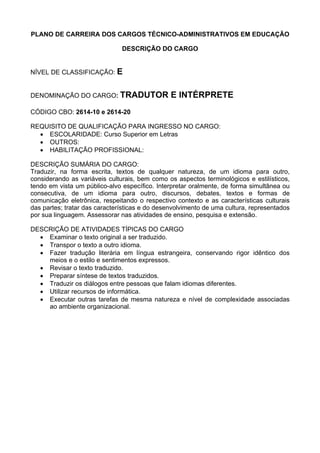 PLANO DE CARREIRA DOS CARGOS TÉCNICO-ADMINISTRATIVOS EM EDUCAÇÃO
DESCRIÇÃO DO CARGO
NÍVEL DE CLASSIFICAÇÃO: E
DENOMINAÇÃO DO CARGO: TRADUTOR E INTÉRPRETE
CÓDIGO CBO: 2614-10 e 2614-20
REQUISITO DE QUALIFICAÇÃO PARA INGRESSO NO CARGO:
• ESCOLARIDADE: Curso Superior em Letras
• OUTROS:
• HABILITAÇÃO PROFISSIONAL:
DESCRIÇÃO SUMÁRIA DO CARGO:
Traduzir, na forma escrita, textos de qualquer natureza, de um idioma para outro,
considerando as variáveis culturais, bem como os aspectos terminológicos e estilísticos,
tendo em vista um público-alvo específico. Interpretar oralmente, de forma simultânea ou
consecutiva, de um idioma para outro, discursos, debates, textos e formas de
comunicação eletrônica, respeitando o respectivo contexto e as características culturais
das partes; tratar das características e do desenvolvimento de uma cultura, representados
por sua linguagem. Assessorar nas atividades de ensino, pesquisa e extensão.
DESCRIÇÃO DE ATIVIDADES TÍPICAS DO CARGO
• Examinar o texto original a ser traduzido.
• Transpor o texto a outro idioma.
• Fazer tradução literária em língua estrangeira, conservando rigor idêntico dos
meios e o estilo e sentimentos expressos.
• Revisar o texto traduzido.
• Preparar síntese de textos traduzidos.
• Traduzir os diálogos entre pessoas que falam idiomas diferentes.
• Utilizar recursos de informática.
• Executar outras tarefas de mesma natureza e nível de complexidade associadas
ao ambiente organizacional.
 