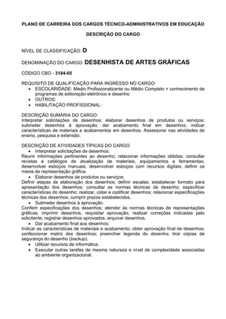 PLANO DE CARREIRA DOS CARGOS TÉCNICO-ADMINISTRATIVOS EM EDUCAÇÃO
DESCRIÇÃO DO CARGO
NÍVEL DE CLASSIFICAÇÃO: D
DENOMINAÇÃO DO CARGO: DESENHISTA DE ARTES GRÁFICAS
CÓDIGO CBO - 3184-05
REQUISITO DE QUALIFICAÇÃO PARA INGRESSO NO CARGO:
• ESCOLARIDADE: Médio Profissionalizante ou Médio Completo + conhecimento de
programas de editoração eletrônico e desenho
• OUTROS:
• HABILITAÇÃO PROFISSIONAL:
DESCRIÇÃO SUMÁRIA DO CARGO:
Interpretar solicitações de desenhos; elaborar desenhos de produtos ou serviços;
submeter desenhos à aprovação; dar acabamento final em desenhos; indicar
características de materiais e acabamentos em desenhos. Assessorar nas atividades de
ensino, pesquisa e extensão.
DESCRIÇÃO DE ATIVIDADES TÍPICAS DO CARGO
• Interpretar solicitações de desenhos:
Reunir informações pertinentes ao desenho; relacionar informações obtidas; consultar
revistas e catálogos de atualização de materiais, equipamentos e ferramentas;
desenvolver esboços manuais; desenvolver esboços com recursos digitais; definir os
meios de representação gráfica.
• Elaborar desenhos de produtos ou serviços:
Definir etapas de elaboração dos desenhos; definir escalas; estabelecer formato para
apresentação dos desenhos; consultar as normas técnicas de desenho; especificar
características do desenho; realizar, cotar e codificar desenhos; relacionar especificações
técnicas dos desenhos; cumprir prazos estabelecidos.
• Submeter desenhos à aprovação:
Conferir especificações dos desenhos; atender às normas técnicas de representações
gráficas; imprimir desenhos; requisitar aprovação; realizar correções indicadas pelo
solicitante; registrar desenhos aprovados; arquivar desenhos.
• Dar acabamento final aos desenhos:
Indicar as características de materiais e acabamento; obter aprovação final de desenhos;
confeccionar matriz dos desenhos; preencher legenda do desenho; tirar cópias de
segurança do desenho (backup).
• Utilizar recursos de informática.
• Executar outras tarefas de mesma natureza e nível de complexidade associadas
ao ambiente organizacional.
 