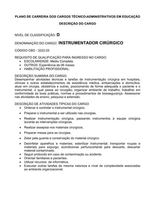 PLANO DE CARREIRA DOS CARGOS TÉCNICO-ADMINISTRATIVOS EM EDUCAÇÃO
DESCRIÇÃO DO CARGO
NÍVEL DE CLASSIFICAÇÃO: D
DENOMINAÇÃO DO CARGO: INSTRUMENTADOR CIRÚRGICO
CÓDIGO CBO - 3222-25
REQUISITO DE QUALIFICAÇÃO PARA INGRESSO NO CARGO:
• ESCOLARIDADE: Médio Completo
• OUTROS: Experiência de 06 meses
• HABILITAÇÃO PROFISSIONAL:
DESCRIÇÃO SUMÁRIA DO CARGO:
Desempenhar atividades técnicas e tarefas de instrumentação cirúrgica em hospitais,
clínicas e outros estabelecimentos de assistência médica, embarcações e domicílios;
atuar em cirurgia, obstetrícia e outras, posicionando de forma adequada o paciente e o
instrumental, o qual passa ao cirurgião; organizar ambiente de trabalho; trabalhar em
conformidade às boas práticas, normas e procedimentos de biossegurança. Assessorar
nas atividades de ensino, pesquisa e extensão.
DESCRIÇÃO DE ATIVIDADES TÍPICAS DO CARGO
• Ordenar e controlar o instrumental cirúrgico.
• Preparar o instrumental a ser utilizado nas cirurgias.
• Realizar instrumentação cirúrgica, passando instrumentos à equipe cirúrgica
durante as intervenções cirúrgicas.
• Realizar assepsia nos materiais cirúrgicos.
• Preparar mesas para as cirurgias.
• Zelar pela guarda e conservação do material cirúrgico.
• Desinfetar aparelhos e materiais; esterilizar instrumental; transportar roupas e
materiais para expurgo; acondicionar perfurocortante para descarte; descartar
material contaminado.
• Seguir protocolo em caso de contaminação ou acidente.
• Orientar familiares e pacientes.
• Utilizar recursos de informática.
• Executar outras tarefas de mesma natureza e nível de complexidade associadas
ao ambiente organizacional.
 