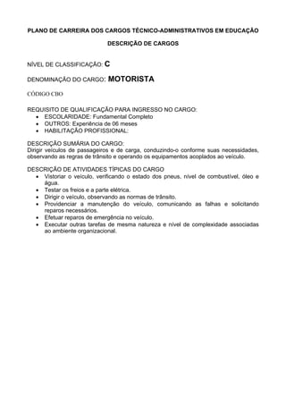 PLANO DE CARREIRA DOS CARGOS TÉCNICO-ADMINISTRATIVOS EM EDUCAÇÃO
DESCRIÇÃO DE CARGOS
NÍVEL DE CLASSIFICAÇÃO: C
DENOMINAÇÃO DO CARGO: MOTORISTA
CÓDIGO CBO
REQUISITO DE QUALIFICAÇÃO PARA INGRESSO NO CARGO:
• ESCOLARIDADE: Fundamental Completo
• OUTROS: Experiência de 06 meses
• HABILITAÇÃO PROFISSIONAL:
DESCRIÇÃO SUMÁRIA DO CARGO:
Dirigir veículos de passageiros e de carga, conduzindo-o conforme suas necessidades,
observando as regras de trânsito e operando os equipamentos acoplados ao veículo.
DESCRIÇÃO DE ATIVIDADES TÍPICAS DO CARGO
• Vistoriar o veículo, verificando o estado dos pneus, nível de combustível, óleo e
água.
• Testar os freios e a parte elétrica.
• Dirigir o veículo, observando as normas de trânsito.
• Providenciar a manutenção do veículo, comunicando as falhas e solicitando
reparos necessários.
• Efetuar reparos de emergência no veículo.
• Executar outras tarefas de mesma natureza e nível de complexidade associadas
ao ambiente organizacional.
 
