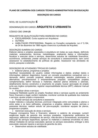 PLANO DE CARREIRA DOS CARGOS TÉCNICO-ADMINISTRATIVOS EM EDUCAÇÃO
DESCRIÇÃO DO CARGO
NÍVEL DE CLASSIFICAÇÃO: E
DENOMINAÇÃO DO CARGO: ARQUITETO E URBANISTA
CÓDIGO CBO: 2141-25
REQUISITO DE QUALIFICAÇÃO PARA INGRESSO NO CARGO:
• ESCOLARIDADE: Curso superior em Arquitetura
• OUTROS:
• HABILITAÇÃO PROFISSIONAL: Registro no Conselho competente. Lei nº 5.194,
de 24 de dezembro de 1966 regula o exercício a profissão de Arquiteto.
DESCRIÇÃO SUMÁRIA DO CARGO:
Elaborar planos e projetos associados à arquitetura em todas as suas etapas, definindo
materiais, acabamentos, técnicas, metodologias, analisando dados e informações;
fiscalizar e executar obras e serviços, desenvolver estudos de viabilidade financeiros,
econômicos, ambientais; prestar serviços de consultoria e assessoramento, bem como
assessorar no estabelecimento de políticas de gestão. Assessorar nas atividades de
ensino, pesquisa e extensão.
DESCRIÇÃO DE ATIVIDADES TÍPICAS DO CARGO
• Elaborar planos, programas e projetos:
Identificar necessidades do usuário; coletar informações e dados; analisar dados e
informações; elaborar diagnóstico; buscar um conceito arquitetônico compatível com a
demanda; definir conceito projetual; elaborar metodologia, estudos preliminares e
alternativas; pré-dimensionar o empreendimento proposto; compatibilizar projetos
complementares; definir técnicas e materiais; elaborar planos diretores e setoriais,
detalhamento técnico construtivo e orçamento do projeto; buscar aprovação do projeto
junto aos órgãos competentes; registrar responsabilidade técnica (ART); elaborar manual
do usuário.
• Fiscalizar obras e serviços:
Assegurar fidelidade quanto ao projeto; fiscalizar obras e serviços quanto ao andamento
físico, financeiro e legal; conferir medições; monitorar controle de qualidade dos materiais
e serviços; ajustar projeto a imprevistos.
• Prestar serviços de consultoria e assessoria:
Avaliar métodos e soluções técnicas; promover integração entre comunidade e planos e
entre estas e os bens edificados, programas e projetos; elaborar laudos, perícias e
pareceres técnicos; realizar estudo de pós-ocupação; coordenar equipes de planos,
programas e projetos.
• Gerenciar execução de obras e serviços:
Preparar cronograma físico e financeiro; elaborar o caderno de encargos; cumprir
exigências legais de garantia dos serviços prestados; implementar parâmetros de
segurança; selecionar prestadores de serviço, mão-de-obra e fornecedores; acompanhar
execução de serviços específicos; aprovar os materiais e sistemas envolvidos na obra;
efetuar medições do serviço executado; aprovar os serviços executados; entregar a obra
executada; executar reparos e serviços de garantia da obra.
• Desenvolver estudos de viabilidade:
 